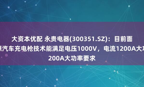 大资本优配 永贵电器(300351.SZ)：目前面向新能源汽车充电枪技术能满足电压1000V，电流1200A大功率要求